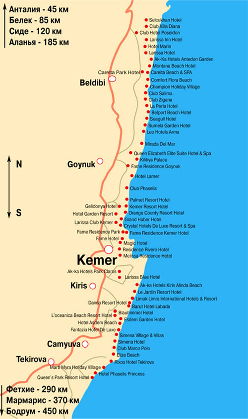 Карта белека с отелями на русском